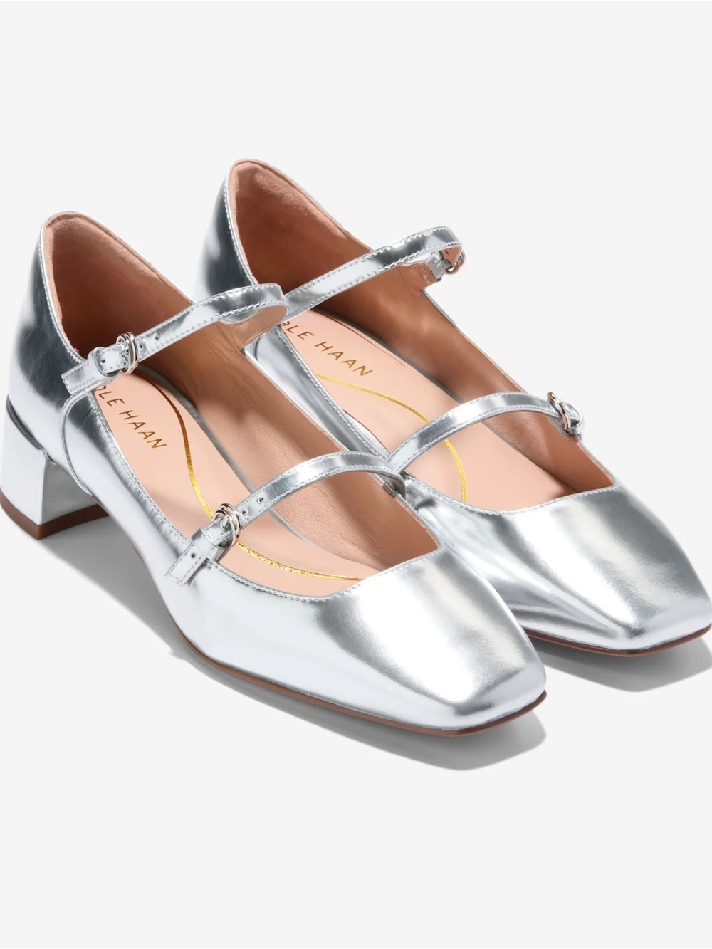 Cole Haan Metallic Silver Double-Strap Mary Jane Heels